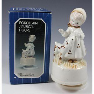 Vtg 1983 Action Industries Porcelain Musical Figure "Raindrops" Girl w/Fawn Bird